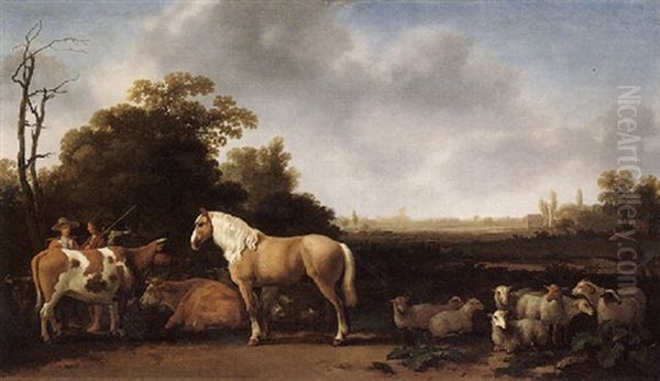 A Pastoral Landscape With A Horse, Cattle And Sheep, A Herdsman And Milkmaid Conversing Nearby - view 1