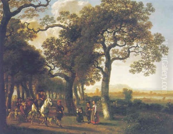 Drovers And Cattle On A Wooded Path Near A River - view 1