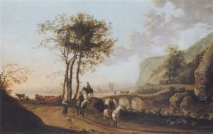 Horsemen And Elegant Riders In A Landscape by Abraham Van Calraet