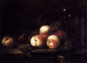 Still Life With Peaches, Grapes And A Fig, All On A Pewter Plate, With A Wine Glass Behind by Abraham Van Calraet