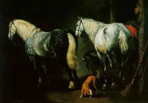 Two Horses In A Barn With A Groom, A Dog And A Goat
