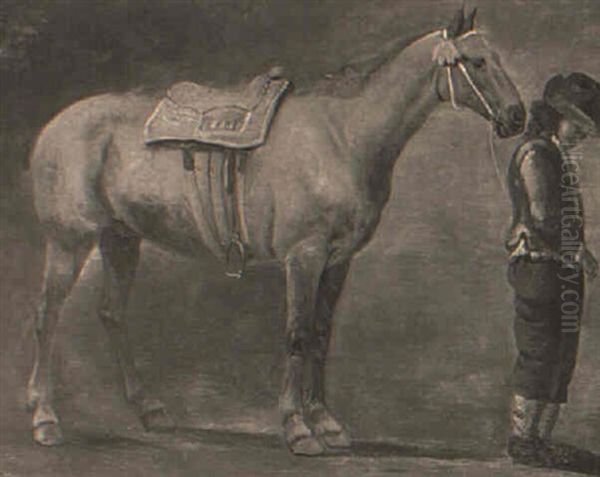 A Boy Holding A Saddled Chestnut Horse - view 1