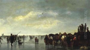 Patineurs Et Chasseurs Sur La Glace Devant La Ville De Dordrecht by Abraham Van Calraet