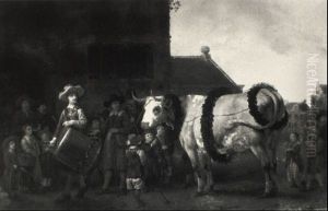 A Garlanded Bull Being Paraded In A Town Square