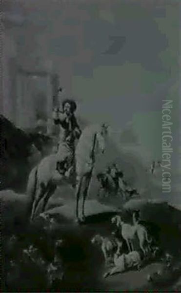 A Mounted Cavalier With Hounds And A Ruin Beyond - view 1