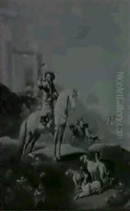 A Mounted Cavalier With Hounds And A Ruin Beyond