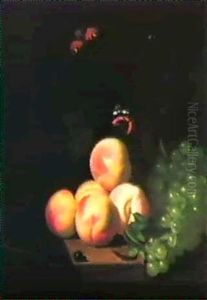 Peaches, Grapes And A Wine Glass, With Butterflies On A     Ledge by Abraham Van Calraet