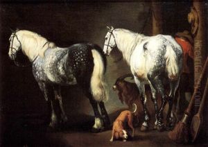 Two Horses In A Barn With A Dog And Goat by Abraham Van Calraet