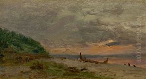 Shipwreck On A Beach At Sunset by Adolphe Felix Cals