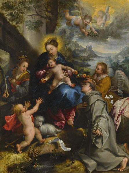 The Madonna And Child With Saints Catherine, Dominic And The Infant Saint John The Baptist, A Landscape Beyond by Denys Calvaert