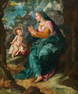 Madonna With Child In A Rocky Landscape by Denys Calvaert