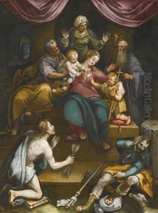 The Holy Family With The Infant Saint John The Baptist And Saint Anne, Together With Saints Anthony Abbot, Sebastian And Roch by Denys Calvaert