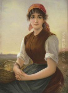 Late 19th/20th Century, Signed With An A.s. Monogram
Finely Painted After Lingner With A Three-quarter Length Portraitof A Seated Raven-haired Beauty In Peasant Attire, A Basket Overone Arm