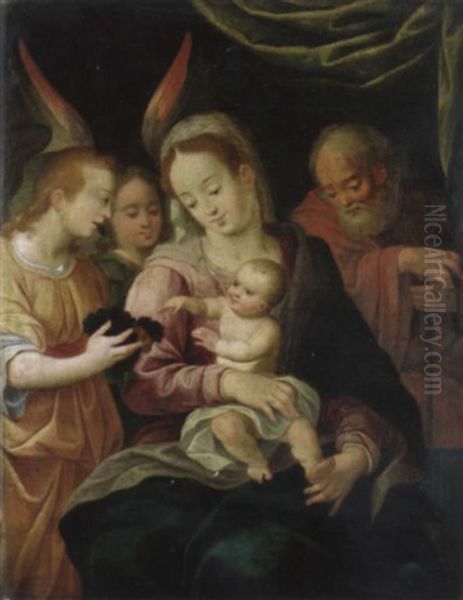 Die Heilige Familie. Ein Engel Reicht Dem Jesusknaben Eine Weintraube - view 1