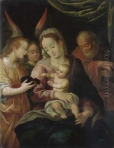 Die Heilige Familie. Ein Engel Reicht Dem Jesusknaben Eine Weintraube by Denys Calvaert