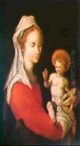 Madonna Mit Kind. Das Jesus- Kind Sitzt Auf Marias Rechtem Arm, Seine Rechte Hand Zum Segensgestus Erhoben by Denys Calvaert