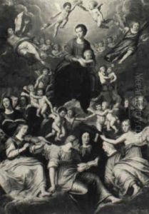 The Madonna And Child In Majesty Surrounded By Putti.. Playing Instruments by Denys Calvaert