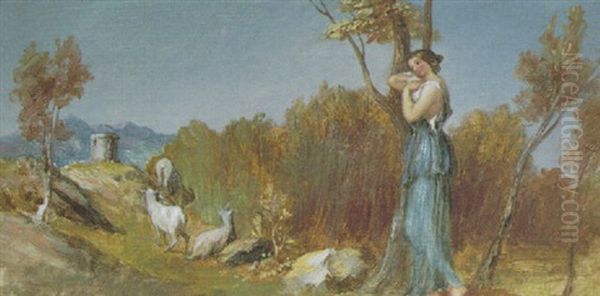 A Shepherdess And Sheep In Rocky Landscape - view 1