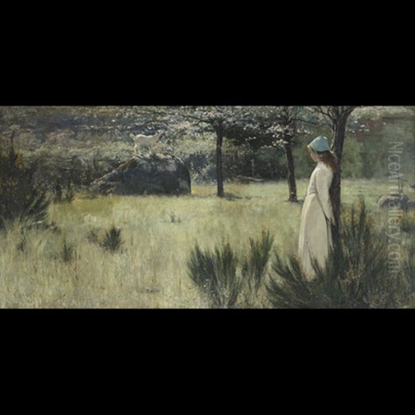 The Young Shepherdess And Her Goat In A Springtime Pasture - view 1