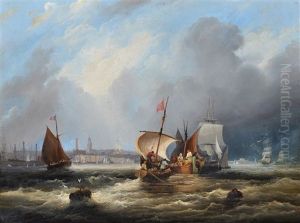 French Trading Boats At The Entrance To A Harbour by Frederick Calvert