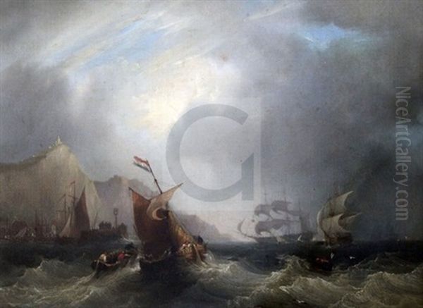 Warships At Anchor On A Calm Sea And Shipping Off The Coast In A Choppy Sea - view 1