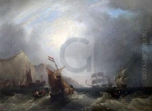 Warships At Anchor On A Calm Sea And Shipping Off The Coast In A Choppy Sea by Frederick Calvert