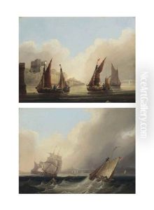 Shipping In Heavy Seas Off A Harbour Entrance; And Fishermen Before A Castle by Frederick Calvert