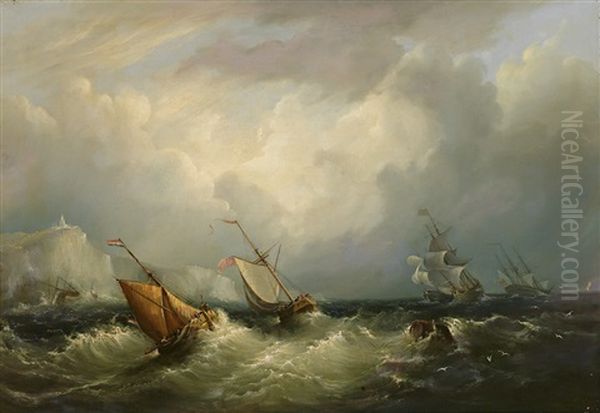 Britische Und Hollandische Schiffe In Sturmischer See Vor Steilkuste - view 1