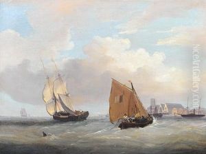 Shipping In A Stiff Breeze Off The Covered Slips Of A Naval Dockyard, Probably Chatham (+ A Laden Hay Barge And A Frigate, The Latter With Tug In Attendance, Off A Medway Shipyard; Pair) by Frederick Calvert