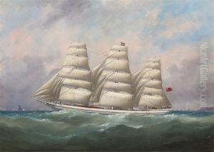 The Three-master Hahnemann In Full Sail Off A Headland by Frederick Calvert