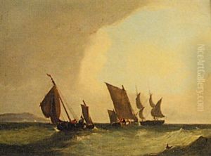 Fishing Boats Off A Coastline by Frederick Calvert