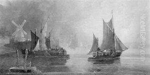 Fishing Boats At Sunset by Frederick Calvert