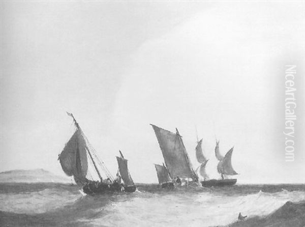 Fishing Smacks And A Man-o'-war Off A Coastline - view 1