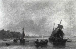 Coastal Craft At Dusk, A Busy Coastline Beyond by Frederick Calvert