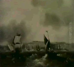Fishing Boats And A Man Of War; Fishing Boats In A Heavy Sea by Frederick Calvert