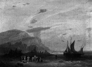 Figures On The Coast With Fishermem Unloading Their Catch by Frederick Calvert