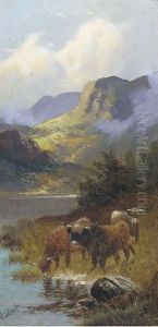 Highland Cattle Watering (+ Highland Cattle At The Waters Edge; Pair) by Henry Calvert