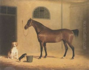 Portrait Of A Bay Hunter And Two Dogs, In A Stableyard