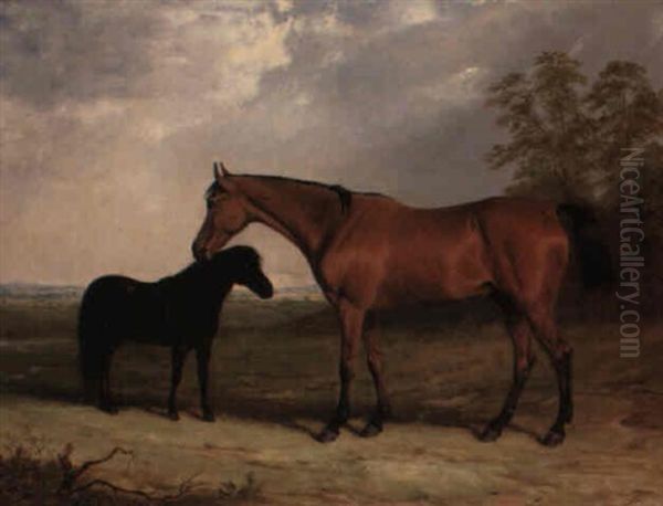 Study Of A Bay Hunter And A Black Pony In A Landscape - view 1
