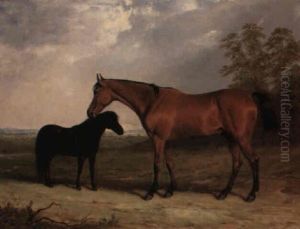 Study Of A Bay Hunter And A Black Pony In A Landscape