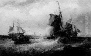 Fishing Boats And Other Vessels In A Choppy Sea by Samuel W. Calvert