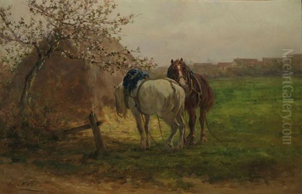 Chevaux Devant Une Meule De Foin - view 1