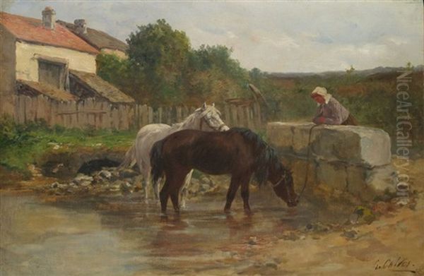 Chevaux A L'abreuvoir by Leon Georges Calves