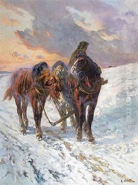 Attelage De Chevaux Dans La Neige (recto/verso) - view 1