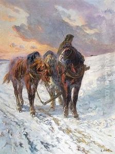 Attelage De Chevaux Dans La Neige (recto/verso) by Leon Georges Calves