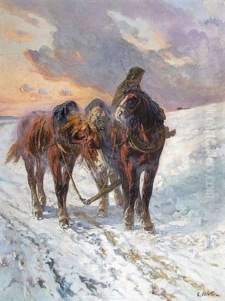 Attelage De Chevaux Dans La Neige (+ Another, Verso) - view 1
