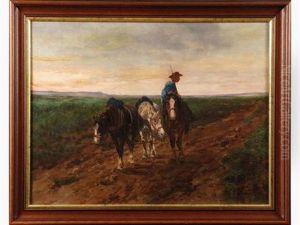 Paysan Avec Ses Chevaux De Retour Des Champs Au Crepuscule by Leon Georges Calves