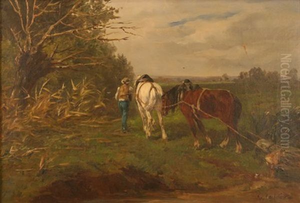Attelage De Deux Chevaux Et Un Paysan - view 1