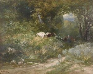 Sonnige Landschaft Mit Kleiner Viehherde by Leon Georges Calves