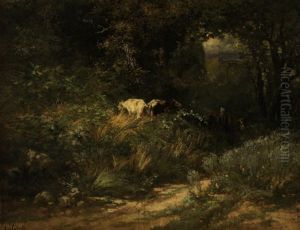Hirtin Mit Vieh Im Untergeholz by Leon Georges Calves